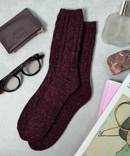 CALIFORNIA OUTFITTERS（カリフォルニア アウトフィッターズ）の「3-12C10 無地 ケーブル編 リブ編み ネップクルー靴下 クルーソックス 12色（ソックス/靴下・レディース・アイボリー/ネイビー系/グレー/パープル/ベージュ/ダークグレー/ネイビー/イエロー/ブラック/バーガンディー/グリーン/ブラウン・FREE）」の12枚目の写真