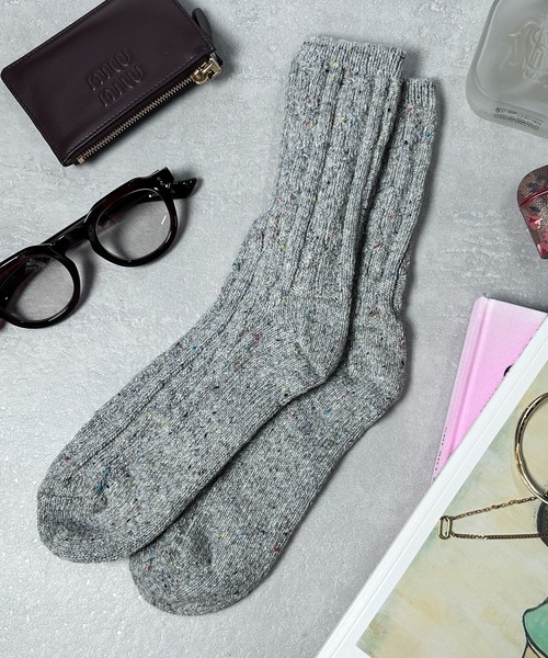 CALIFORNIA OUTFITTERS（カリフォルニア アウトフィッターズ）の「3-12C10 無地 ケーブル編 リブ編み ネップクルー靴下 クルーソックス 12色（ソックス/靴下・レディース・アイボリー/ネイビー系/グレー/パープル/ベージュ/ダークグレー/ネイビー/イエロー/ブラック/バーガンディー/グリーン/ブラウン・FREE）」の4枚目の写真