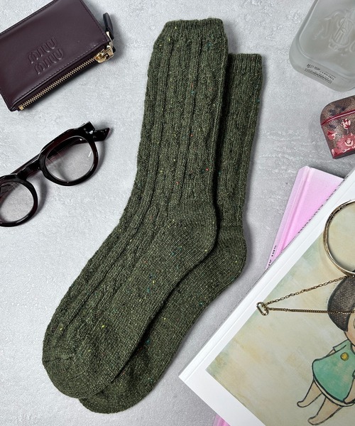 CALIFORNIA OUTFITTERS（カリフォルニア アウトフィッターズ）の「3-12C10 無地 ケーブル編 リブ編み ネップクルー靴下 クルーソックス 12色（ソックス/靴下・レディース・アイボリー/ネイビー系/グレー/パープル/ベージュ/ダークグレー/ネイビー/イエロー/ブラック/バーガンディー/グリーン/ブラウン・FREE）」の7枚目の写真