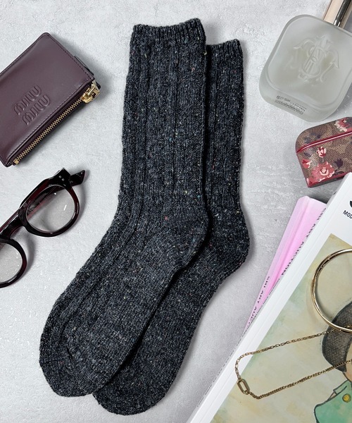 CALIFORNIA OUTFITTERS（カリフォルニア アウトフィッターズ）の「3-12C10 無地 ケーブル編 リブ編み ネップクルー靴下 クルーソックス 12色（ソックス/靴下・レディース・アイボリー/ネイビー系/グレー/パープル/ベージュ/ダークグレー/ネイビー/イエロー/ブラック/バーガンディー/グリーン/ブラウン・FREE）」の5枚目の写真