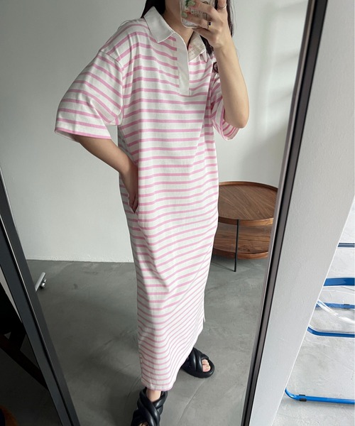 PILIT（ピリット）の「ラガーシャツOP（ワンピース・レディース・グリーン/ブラック/ピンク・MEDIUM）」の3枚目の写真