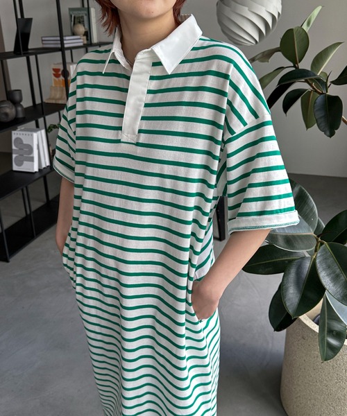 PILIT（ピリット）の「ラガーシャツOP（ワンピース・レディース・グリーン/ブラック/ピンク・MEDIUM）」の2枚目の写真