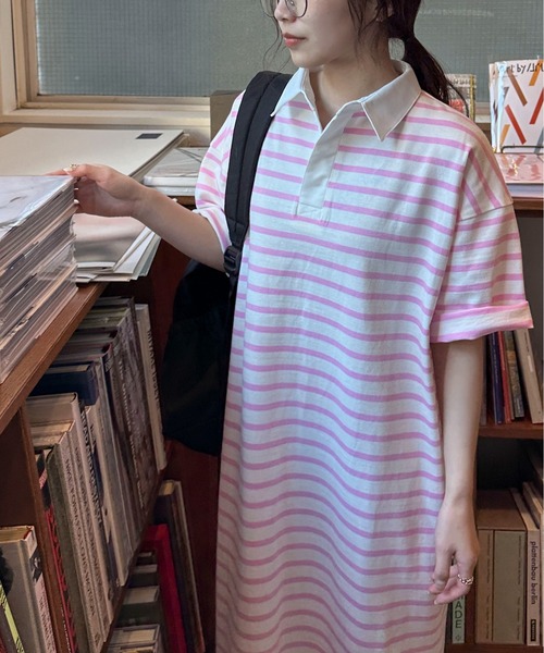 PILIT（ピリット）の「ラガーシャツOP（ワンピース・レディース・グリーン/ブラック/ピンク・MEDIUM）」の6枚目の写真