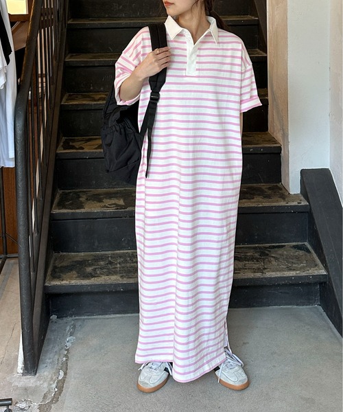 PILIT（ピリット）の「ラガーシャツOP（ワンピース・レディース・グリーン/ブラック/ピンク・MEDIUM）」の7枚目の写真