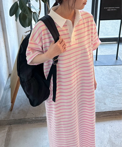 PILIT（ピリット）の「ラガーシャツOP（ワンピース・レディース・グリーン/ブラック/ピンク・MEDIUM）」の9枚目の写真