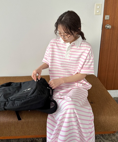 PILIT（ピリット）の「ラガーシャツOP（ワンピース・レディース・グリーン/ブラック/ピンク・MEDIUM）」の12枚目の写真