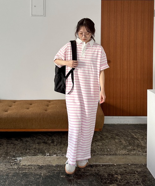 PILIT（ピリット）の「ラガーシャツOP（ワンピース・レディース・グリーン/ブラック/ピンク・MEDIUM）」の15枚目の写真