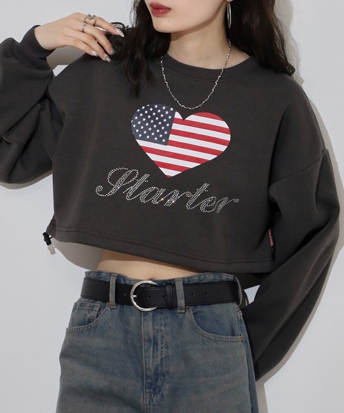 トレーナー スウェット STARTER BLACK LABEL 発泡プリント裏起毛ショート丈スタンドネックハーフジップスエット レディース STARTER BLACK LABEL トレーナー スウェット 発泡プリント裏起毛
