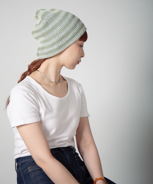 RACAL（ラカル）の「Lace Knitting Stripe Beanie / 透かし編みダブルニットボーダービーニー（ニットキャップ/ビーニー・レディース・ブラック/ベージュ/グリーン・FREE）」の3枚目の写真