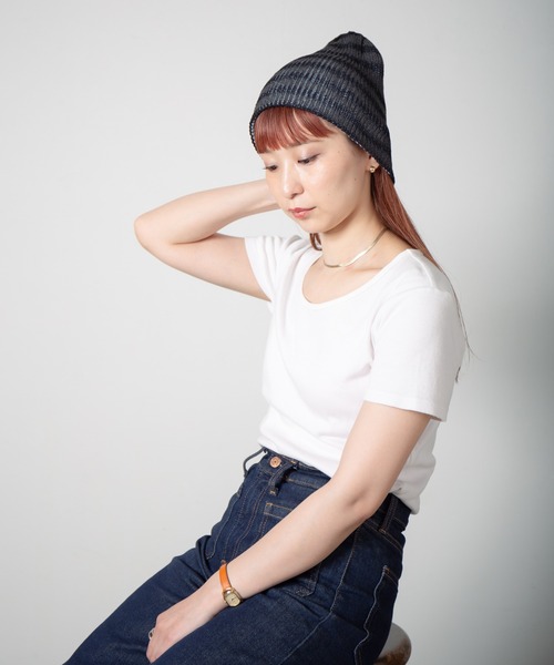 RACAL（ラカル）の「Lace Knitting Stripe Beanie / 透かし編みダブルニットボーダービーニー（ニットキャップ/ビーニー・レディース・ブラック/ベージュ/グリーン・FREE）」の2枚目の写真