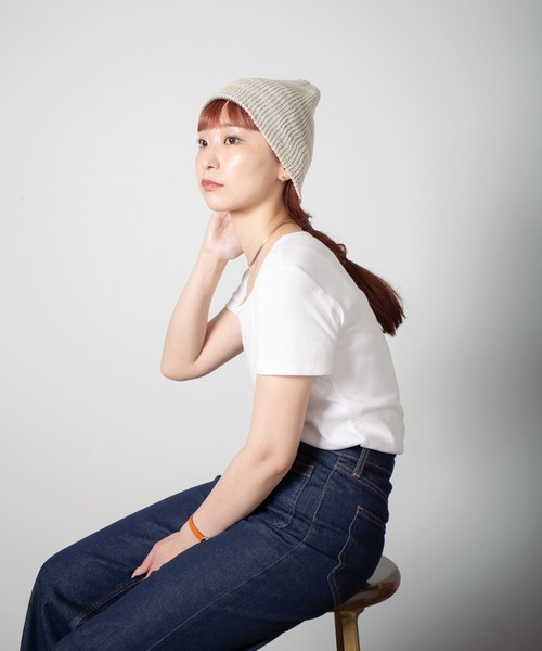 RACAL（ラカル）の「Lace Knitting Stripe Beanie / 透かし編みダブルニットボーダービーニー（ニットキャップ/ビーニー・レディース・ブラック/ベージュ/グリーン・FREE）」の8枚目の写真