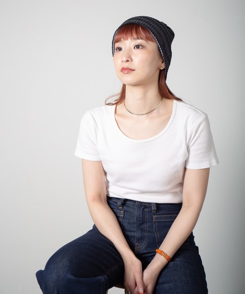 RACAL（ラカル）の「Lace Knitting Stripe Beanie / 透かし編みダブルニットボーダービーニー（ニットキャップ/ビーニー・レディース・ブラック/ベージュ/グリーン・FREE）」の9枚目の写真