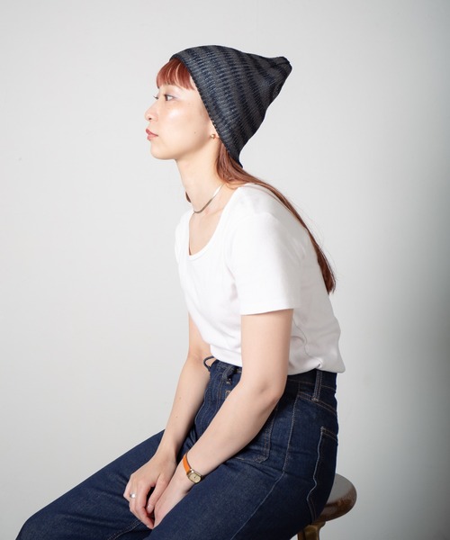 RACAL（ラカル）の「Lace Knitting Stripe Beanie / 透かし編みダブルニットボーダービーニー（ニットキャップ/ビーニー・レディース・ブラック/ベージュ/グリーン・FREE）」の11枚目の写真
