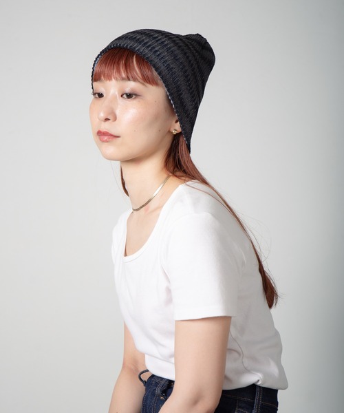 RACAL（ラカル）の「Lace Knitting Stripe Beanie / 透かし編みダブルニットボーダービーニー（ニットキャップ/ビーニー・レディース・ブラック/ベージュ/グリーン・FREE）」の12枚目の写真
