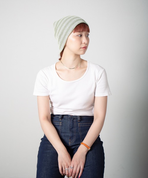 RACAL（ラカル）の「Lace Knitting Stripe Beanie / 透かし編みダブルニットボーダービーニー（ニットキャップ/ビーニー・レディース・ブラック/ベージュ/グリーン・FREE）」の13枚目の写真