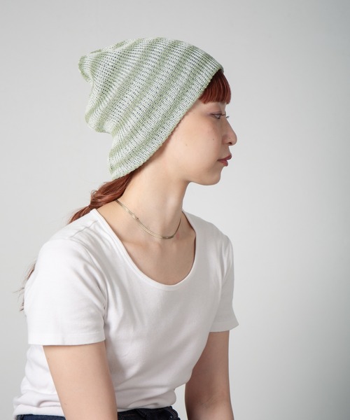 RACAL（ラカル）の「Lace Knitting Stripe Beanie / 透かし編みダブルニットボーダービーニー（ニットキャップ/ビーニー・レディース・ブラック/ベージュ/グリーン・FREE）」の14枚目の写真