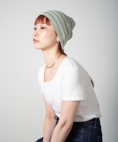 RACAL（ラカル）の「Lace Knitting Stripe Beanie / 透かし編みダブルニットボーダービーニー（ニットキャップ/ビーニー・レディース・ブラック/ベージュ/グリーン・FREE）」の15枚目の写真