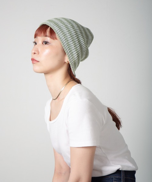 RACAL（ラカル）の「Lace Knitting Stripe Beanie / 透かし編みダブルニットボーダービーニー（ニットキャップ/ビーニー・レディース・ブラック/ベージュ/グリーン・FREE）」の16枚目の写真