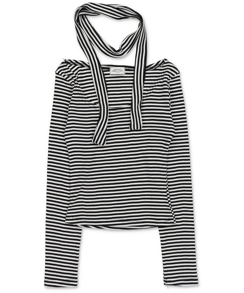 SPINNS（スピンズ）の「ZIP!で紹介されました♪ ウィッシュコア【セットアイテム】長袖ボーダーカットソー/タイつき（Tシャツ/カットソー・レディース・ブラック系その他/グレー系その他/ブラック×ホワイト・ONESIZE）」の2枚目の写真