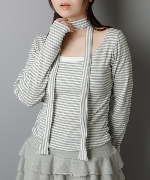 SPINNS（スピンズ）の「ZIP!で紹介されました♪ ウィッシュコア【セットアイテム】長袖ボーダーカットソー/タイつき（Tシャツ/カットソー・レディース・ブラック系その他/グレー系その他/ブラック×ホワイト・ONESIZE）」の3枚目の写真