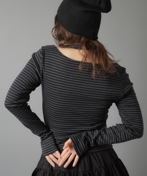 SPINNS（スピンズ）の「ZIP!で紹介されました♪ ウィッシュコア【セットアイテム】長袖ボーダーカットソー/タイつき（Tシャツ/カットソー・レディース・ブラック系その他/グレー系その他/ブラック×ホワイト・ONESIZE）」の10枚目の写真