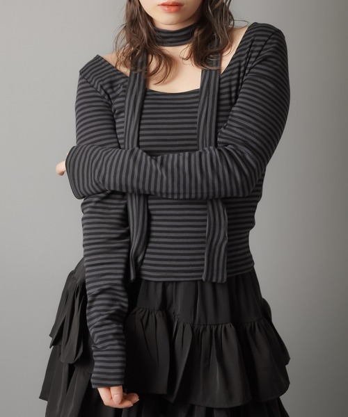 SPINNS（スピンズ）の「ZIP!で紹介されました♪ ウィッシュコア【セットアイテム】長袖ボーダーカットソー/タイつき（Tシャツ/カットソー・レディース・ブラック系その他/グレー系その他/ブラック×ホワイト・ONESIZE）」の17枚目の写真