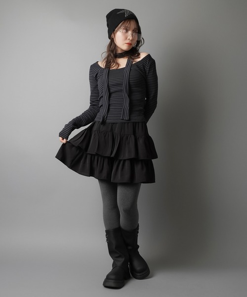 SPINNS（スピンズ）の「ZIP!で紹介されました♪ ウィッシュコア【セットアイテム】長袖ボーダーカットソー/タイつき（Tシャツ/カットソー・レディース・ブラック系その他/グレー系その他/ブラック×ホワイト・ONESIZE）」の8枚目の写真