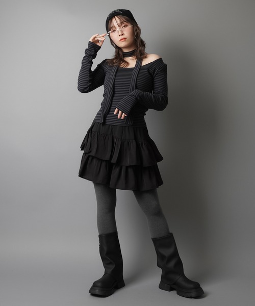 SPINNS（スピンズ）の「ZIP!で紹介されました♪ ウィッシュコア【セットアイテム】長袖ボーダーカットソー/タイつき（Tシャツ/カットソー・レディース・ブラック系その他/グレー系その他/ブラック×ホワイト・ONESIZE）」の7枚目の写真