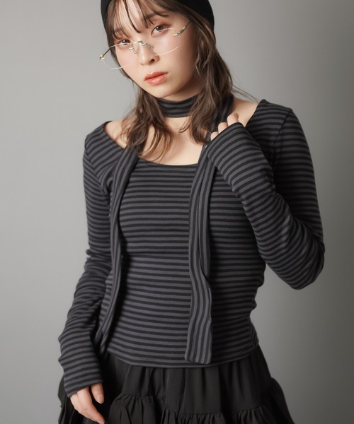 SPINNS（スピンズ）の「ZIP!で紹介されました♪ ウィッシュコア【セットアイテム】長袖ボーダーカットソー/タイつき（Tシャツ/カットソー・レディース・ブラック系その他/グレー系その他/ブラック×ホワイト・ONESIZE）」の14枚目の写真