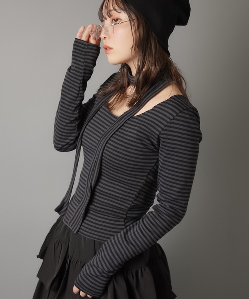 SPINNS（スピンズ）の「ZIP!で紹介されました♪ ウィッシュコア【セットアイテム】長袖ボーダーカットソー/タイつき（Tシャツ/カットソー・レディース・ブラック系その他/グレー系その他/ブラック×ホワイト・ONESIZE）」の12枚目の写真