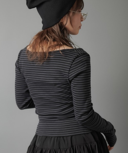 SPINNS（スピンズ）の「ZIP!で紹介されました♪ ウィッシュコア【セットアイテム】長袖ボーダーカットソー/タイつき（Tシャツ/カットソー・レディース・ブラック系その他/グレー系その他/ブラック×ホワイト・ONESIZE）」の11枚目の写真
