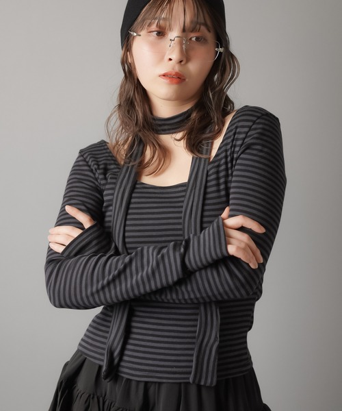 SPINNS（スピンズ）の「ZIP!で紹介されました♪ ウィッシュコア【セットアイテム】長袖ボーダーカットソー/タイつき（Tシャツ/カットソー・レディース・ブラック系その他/グレー系その他/ブラック×ホワイト・ONESIZE）」の15枚目の写真