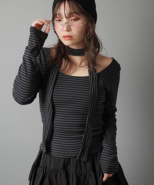 SPINNS（スピンズ）の「ZIP!で紹介されました♪ ウィッシュコア【セットアイテム】長袖ボーダーカットソー/タイつき（Tシャツ/カットソー・レディース・ブラック系その他/グレー系その他/ブラック×ホワイト・ONESIZE）」の13枚目の写真