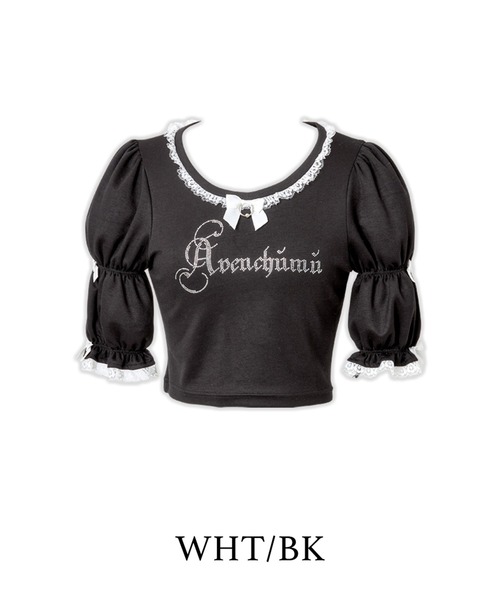 AVENCHUMU(アバンチュウム)の「Rhinestone logo puff sleeve tops(Tシャツ/カットソー・レディース・ピンク/ブラック×ホワイト/ブラック・FREE)」の3枚目の写真