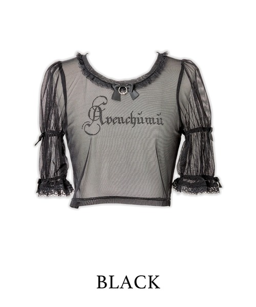 AVENCHUMU(アバンチュウム)の「Rhinestone logo puff sleeve tops(Tシャツ/カットソー・レディース・ピンク/ブラック×ホワイト/ブラック・FREE)」の2枚目の写真