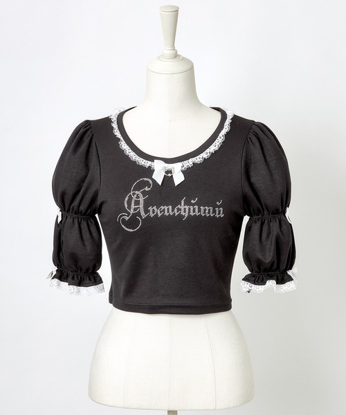 AVENCHUMU(アバンチュウム)の「Rhinestone logo puff sleeve tops(Tシャツ/カットソー・レディース・ピンク/ブラック×ホワイト/ブラック・FREE)」の8枚目の写真
