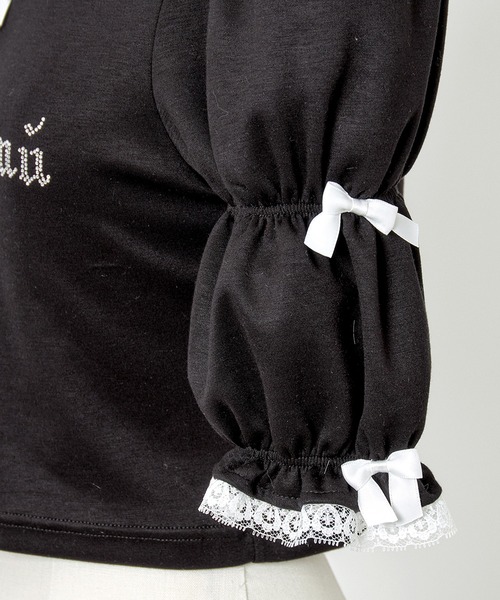 AVENCHUMU(アバンチュウム)の「Rhinestone logo puff sleeve tops(Tシャツ/カットソー・レディース・ピンク/ブラック×ホワイト/ブラック・FREE)」の14枚目の写真