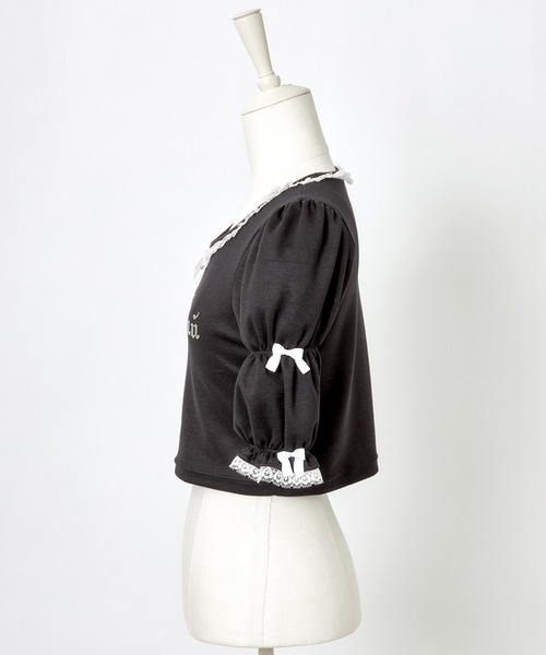 AVENCHUMU(アバンチュウム)の「Rhinestone logo puff sleeve tops(Tシャツ/カットソー・レディース・ピンク/ブラック×ホワイト/ブラック・FREE)」の9枚目の写真
