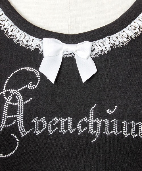 AVENCHUMU(アバンチュウム)の「Rhinestone logo puff sleeve tops(Tシャツ/カットソー・レディース・ピンク/ブラック×ホワイト/ブラック・FREE)」の13枚目の写真