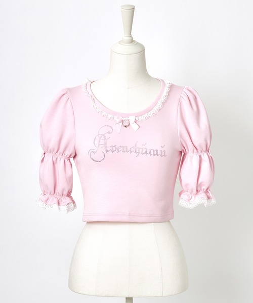 AVENCHUMU(アバンチュウム)の「Rhinestone logo puff sleeve tops(Tシャツ/カットソー・レディース・ピンク/ブラック×ホワイト/ブラック・FREE)」の17枚目の写真