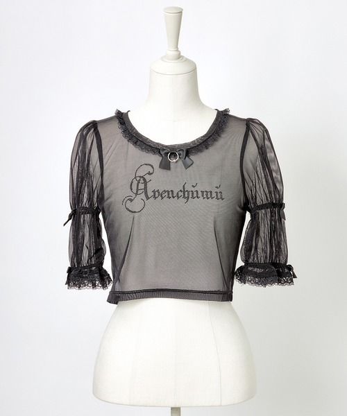 AVENCHUMU(アバンチュウム)の「Rhinestone logo puff sleeve tops(Tシャツ/カットソー・レディース・ピンク/ブラック×ホワイト/ブラック・FREE)」の19枚目の写真