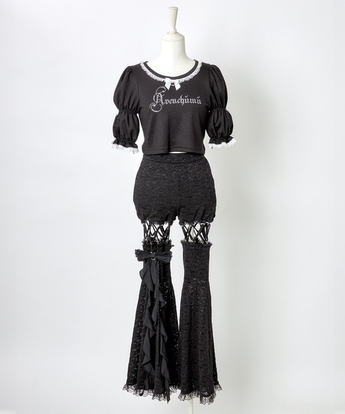AVENCHUMU(アバンチュウム)の「Rhinestone logo puff sleeve tops(Tシャツ/カットソー・レディース・ピンク/ブラック×ホワイト/ブラック・FREE)」の16枚目の写真