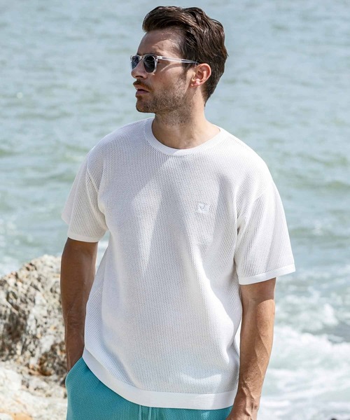 1PIU1UGUALE3  RELAX （ウノピゥウノウグァーレトレ リラックス）の「1PIU1UGUALE3 RELAX(ウノピゥウノウグァーレトレ リラックス)ワンポイントロゴ ロゴ刺繍 ベーシック 半袖ニットTシャツ 半袖Tシャツ（Tシャツ/カットソー・メンズ・ホワイト/サックスブルー/ブラック・XL/L/M/S）」の7枚目の写真