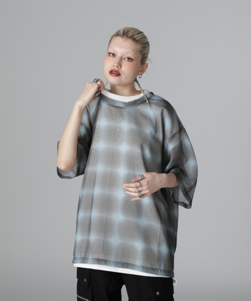 DANKE SCHON(ダンケシェーン)の「DankeSchon/ダンケシェーン/OMBRE CHECK MESH T-SHIRTS(Tシャツ/カットソー・レディース・ブラウン/ブラック・L/M)」の3枚目の写真