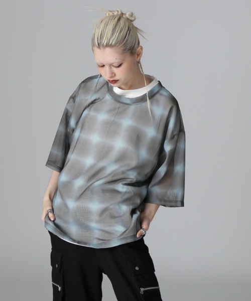 DANKE SCHON(ダンケシェーン)の「DankeSchon/ダンケシェーン/OMBRE CHECK MESH T-SHIRTS(Tシャツ/カットソー・レディース・ブラウン/ブラック・L/M)」の4枚目の写真