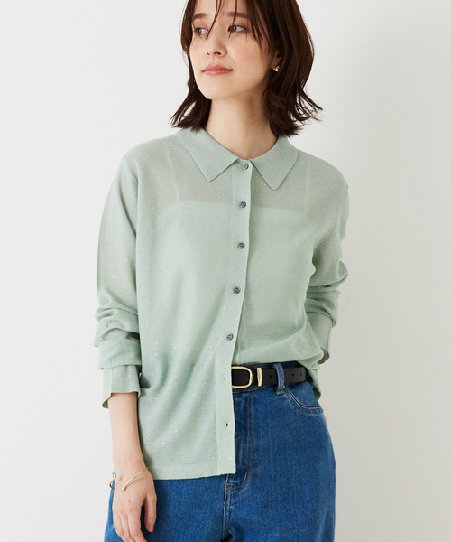 abahouse mavie(アバハウスマヴィ)の「【アンサンブル対応】スパンコールシアーニットシャツ/春服/夏服(カーディガン/ボレロ・レディース・アイボリー/ブラウン/ブラック/セージグリーン・フリー)」の1枚目の写真