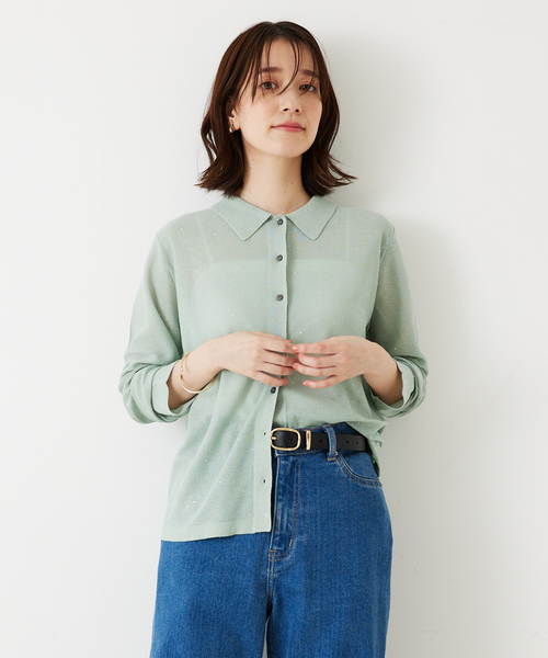 abahouse mavie(アバハウスマヴィ)の「【アンサンブル対応】スパンコールシアーニットシャツ/春服/夏服(カーディガン/ボレロ・レディース・アイボリー/ブラウン/ブラック/セージグリーン・フリー)」の5枚目の写真