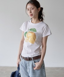 【UNE ORIGINAL】 サイドラウンドスリットフルーツプリントミニチビTシャツカットソー