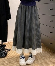 ヴィンテージ風 レースフリルロングスカート Aラインスカート