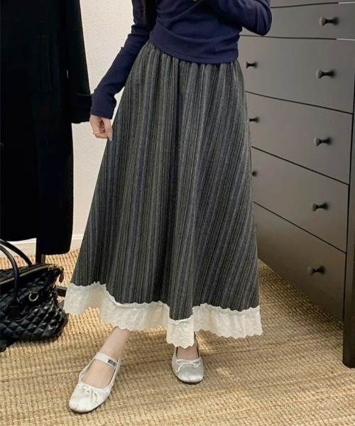 gossip!ロサンゼルス(ゴシップロサンゼルス)の「ヴィンテージ風 レースフリルロングスカート Aラインスカート(スカート・レディース・グレー/ブラウン・FREE)」の8枚目の写真